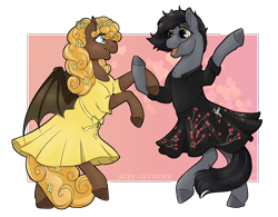 Size: 2750x2150 | Tagged: safe, artist:acry-artwork, imported from derpibooru, oc, bat pony, earth pony, pony, clothes, dancing, dress, female