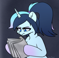 Size: 1166x1142 | Tagged: safe, artist:puetsua, imported from derpibooru, oc, oc only, oc:stardust stellar, pony, unicorn, alternate hairstyle, dafuq, female, frown, hoof hold, magazine, mare, meme, ponytail, reaction image, solo, what the fuck am i reading