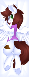 Size: 1124x3000 | Tagged: safe, artist:scarlet-spectrum, imported from derpibooru, oc, oc only, oc:graph travel, pegasus, pony, bed, clothes, cute, female, freckles, looking at you, mare, solo, spread wings, tongue out, underhoof, vest, wings