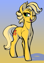 Size: 1145x1623 | Tagged: safe, artist:dimfann, imported from derpibooru, applejack, earth pony, pony, alternate hairstyle, cute, female, gradient background, hatless, jackabetes, mare, missing accessory, one eye closed, open mouth, short hair, smiling, solo, wink