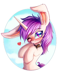 Size: 3508x4329 | Tagged: safe, artist:chaosangeldesu, imported from derpibooru, oc, oc only, oc:lapush buns, pony, unicorn, bunny ears, bunnycorn, bust, cute, heart, looking at you, one eye closed, simple background, solo, transparent background, wink