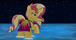 Size: 7340x3900 | Tagged: safe, alternate version, artist:ejlightning007arts, imported from derpibooru, sunset shimmer, pony, unicorn, bedroom eyes, butt, clothes, equestria girls outfit, female, mare, night, plot, raised hoof, sarong, solo, sunshine shimmer, water