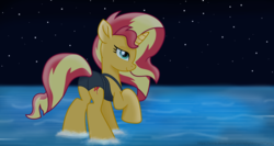 Size: 7340x3900 | Tagged: safe, alternate version, artist:ejlightning007arts, imported from derpibooru, sunset shimmer, pony, unicorn, absurd resolution, beautiful, bedroom eyes, bunset shimmer, butt, clothes, female, mare, night, plot, raised hoof, solo, stars, sunset, swimsuit, water