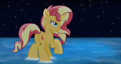 Size: 7340x3900 | Tagged: safe, alternate version, artist:ejlightning007arts, imported from derpibooru, sunset shimmer, pony, unicorn, absurd resolution, butt, female, mare, night, plot, raised hoof, solo, stars, sunshine shimmer, water