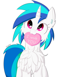 Size: 1500x1700 | Tagged: safe, artist:fajnyziomal, imported from derpibooru, dj pon-3, vinyl scratch, pony, unicorn, cheek fluff, chest fluff, cute, ear fluff, female, fluffy, heart, holiday, mare, mouth hold, simple background, solo, valentine, valentine's day, vinylbetes, white background