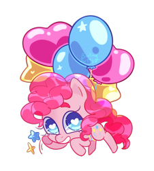 Size: 1280x1419 | Tagged: safe, artist:boringartist, imported from derpibooru, pinkie pie, pony, balloon, chibi, cute, diapinkes, female, floating, heart eyes, simple background, smiling, solo, stars, then watch her balloons lift her up to the sky, transparent background, wingding eyes