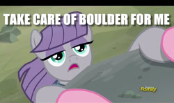 Size: 600x357 | Tagged: safe, edit, edited screencap, imported from derpibooru, screencap, maud pie, pinkie pie, rock solid friendship, caption, discovery family logo, image macro, imminent death, solo focus, text