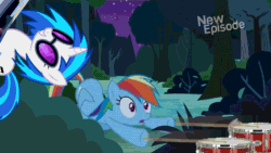 Size: 1280x720 | Tagged: safe, edit, edited screencap, imported from derpibooru, screencap, dj pon-3, rainbow dash, vinyl scratch, pegasus, pony, unicorn, daring don't, animated, bush, drums, drumsticks, female, forest, glasses, hub logo, moss, musical instrument, night, party hard, smiling, stars, tree, turntable, wat