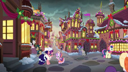 Size: 2880x1620 | Tagged: safe, imported from derpibooru, screencap, baroque cloak, bon bon, diamond tiara, octavia melody, spoiled rich, earth pony, pony, unicorn, a hearth's warming tail, bonnet, canterlot, city, clothes, dress, female, filly, foal, hat, hearth's warming eve, holly, hood, male, mare, snow, stallion, street, wreath
