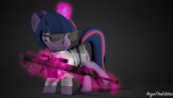 Size: 4208x2367 | Tagged: safe, artist:aryatheeditor, imported from derpibooru, sci-twi, twilight sparkle, pony, unicorn, 3d, badass, elements of harmony, equestria girls ponified, female, geode of telekinesis, glasses, gun, magic, magical geodes, rifle, science, sniper, sniper rifle, solo, unicorn sci-twi, weapon