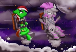 Size: 1024x699 | Tagged: safe, artist:theartistsora, imported from derpibooru, oc, oc:chifundo, oc:wandering sunrise, earth pony, hybrid, pony, zebra, zony, fallout equestria, fallout equestria: dead tree, clothes, comedy, ejector seat, fallout, foe, jumpsuit, moon, night, parachute, pipbuck, stable-tec, vault suit, wandering sunrise