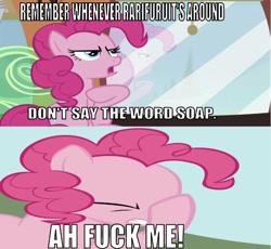 Size: 641x590 | Tagged: safe, artist:theinvertedshadow, edit, edited screencap, editor:undeadponysoldier, imported from derpibooru, screencap, pinkie pie, earth pony, pony, elements of insanity, don't say soap, eyes closed, facehoof, facepalm, fuck me, hoof on chest, implied rarifruit, meme, open mouth, ponyville express, reference, reflection, reminder, serious, serious face, train, vulgar, window, wrong aspect ratio