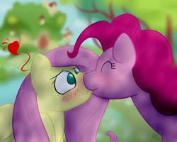 Size: 1500x1200 | Tagged: safe, artist:voraciouscutie, imported from derpibooru, fluttershy, pinkie pie, earth pony, pegasus, pony, blushing, cute, dappled sunlight, female, floating heart, flutterpie, heart, kiss on the lips, kissing, lesbian, love, mare, shipping