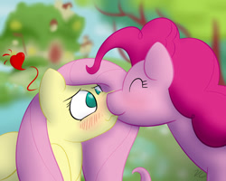 Size: 1500x1200 | Tagged: safe, artist:voraciouscutie, imported from derpibooru, fluttershy, pinkie pie, earth pony, pegasus, pony, blushing, cute, female, floating heart, flutterpie, heart, kiss on the lips, kissing, lesbian, love, mare, shipping