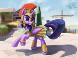 Size: 2048x1536 | Tagged: safe, artist:tinybenz, imported from derpibooru, twilight sparkle, alicorn, pony, scare master, armor, assassin's creed, athena sparkle, clothes, cosplay, costume, cute, female, galea, greek clothes, greek helmet, greek mythology, helmet, mare, mouth hold, nightmare night costume, solo, spartan, spear, spear of leonidas, twiabetes, twilight sparkle (alicorn), weapon