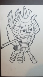 Size: 1280x2276 | Tagged: safe, artist:aeropegasus, imported from derpibooru, oc, oc:chopsticks, pegasus, pony, angry, armor, black and white, boop bait, grayscale, korean, lineart, monochrome, samurai, sword, traditional art, weapon