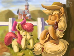 Size: 2048x1536 | Tagged: safe, artist:tinybenz, imported from derpibooru, apple bloom, applejack, earth pony, pony, duo, eyes closed, female, fence, filly, guitar, mare, musical instrument, profile, prone, siblings, sisters, smiling, sweet apple acres, tree, under the tree