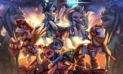 Size: 2300x1400 | Tagged: safe, artist:nancy-05, imported from derpibooru, flash magnus, meadowbrook, mistmane, rockhoof, somnambula, star swirl the bearded, earth pony, pegasus, pony, unicorn, armor, clothes, female, hearthstone, league of explorers, male, mare, netitus, pillars of equestria, rockhoof's shovel, shield, shovel, stallion, statue, warcraft