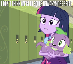 Size: 639x566 | Tagged: safe, edit, edited screencap, editor:undeadponysoldier, imported from derpibooru, screencap, spike, twilight sparkle, dog, equestria girls, equestria girls (movie), canterlot high, caption, female, hallway, i don't think we're in kansas anymore toto, image macro, lip bite, lockers, male, meme, reference, spike the dog, text, the wizard of oz