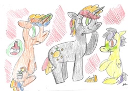 Size: 1313x941 | Tagged: safe, artist:ptitemouette, imported from derpibooru, oc, oc:apple zenith, oc:hurricane salsa, oc:secret garden, pony, unicorn, cousins, offspring, parent:oc:big shield, parent:oc:bow tie, parent:oc:bubble top, parent:oc:feather storm, parent:oc:pomme de pin, parent:oc:tutu, parents:oc x oc, traditional art