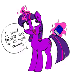 Size: 647x669 | Tagged: safe, anonymous artist, artist:glacierclear, color edit, edit, imported from derpibooru, twilight sparkle, pony, unicorn, blatant lies, book, bookhorse, colored, eye bag, female, levitation, magic, solo, telekinesis, unicorn twilight