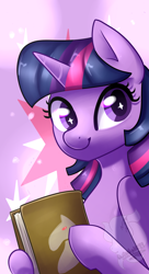 Size: 1080x1980 | Tagged: safe, artist:wintah33, imported from derpibooru, twilight sparkle, pony, book, female, mare, smiling, solo