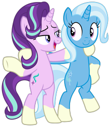 Size: 2641x3034 | Tagged: safe, artist:sketchmcreations, edit, editor:slayerbvc, imported from derpibooru, vector edit, starlight glimmer, trixie, pony, unicorn, road to friendship, arm around neck, bipedal, coat markings, duo, female, hoof around neck, hooves on hips, looking at each other, mare, open mouth, ponies wearing sunburst's socks, simple background, smiling, socks (coat marking), socks (coat markings), transparent background, vector, we're friendship bound