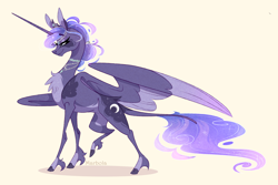 Size: 2544x1702 | Tagged: safe, artist:marbola, imported from derpibooru, princess luna, alicorn, pony, alternate design, chest fluff, female, jewelry, leonine tail, mare, necklace, pale belly, queen, simple background, solo, spread wings, unshorn fetlocks, wings