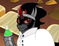 Size: 1300x1000 | Tagged: safe, edit, edited screencap, editor:katya, imported from derpibooru, screencap, king sombra, pony, umbrum, unicorn, the beginning of the end, beaker, clothes, evil lair, glasses, grogar's lair, holding, lair, mad scientist, male, pure unfiltered evil, solo, stallion, suit