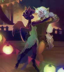 Size: 1600x1809 | Tagged: safe, artist:dearmary, imported from derpibooru, oc, oc:northern lights, oc:ombrage, anthro, bat, unicorn, anthro oc, dancing