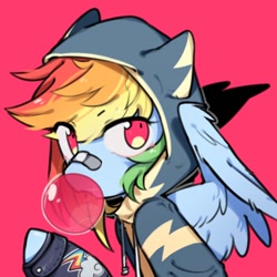 Size: 512x512 | Tagged: safe, artist:snowillusory, imported from derpibooru, rainbow dash, pegasus, pony, bandaid, bandaid on nose, bubblegum, clothes, cute, female, food, gum, hoodie, simple background, solo