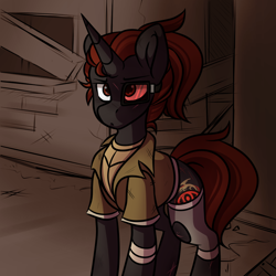 Size: 900x900 | Tagged: safe, artist:crimmharmony, imported from derpibooru, oc, oc only, oc:protege, pony, unicorn, fallout equestria, fallout equestria: murky number seven, bandage, bruised, clothes, fanfic art, jacket, male, scar, solo, stallion