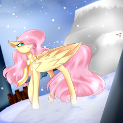 Size: 2000x2000 | Tagged: safe, artist:tayblossom, imported from derpibooru, fluttershy, pegasus, pony, clothes, female, hair over one eye, head turn, looking away, mare, mountain, scarf, snow, snowfall, solo, standing, turned head, wings, winter outfit