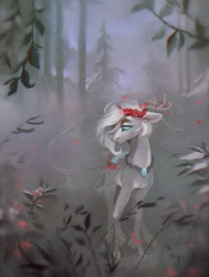 Size: 1620x2144 | Tagged: safe, artist:dearmary, imported from derpibooru, oc, oc only, deer, pony, blue eyes, cloven hooves, deer oc, floral head wreath, flower, forest, jewelry, limited color, necklace, snow, solo