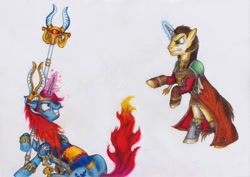 Size: 1024x723 | Tagged: safe, artist:salahir, imported from derpibooru, pony, unicorn, ahzek ahriman, clothes, coat, colored pencil drawing, crossover, duo, female, gregor eisenhorn, inquisitor, magic, magic aura, male, mare, ponified, prosthetic horn, prosthetics, purity seal, rearing, rule 63, staff, stallion, traditional art, warhammer (game), warhammer 40k