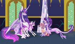 Size: 3612x2125 | Tagged: safe, artist:sugaryicecreammlp, imported from derpibooru, starlight glimmer, twilight sparkle, oc, oc:aura sparkle, oc:magic star, alicorn, pony, unicorn, alicorn oc, blaze (coat marking), chest fluff, coat markings, curved horn, facial markings, female, filly, glasses, horn, leonine tail, mama starlight, mare, mother and child, mother and daughter, offspring, parent:flash sentry, parent:starlight glimmer, parent:sunburst, parent:twilight sparkle, parents:flashlight, parents:starburst, socks (coat markings), twilight sparkle (alicorn), unshorn fetlocks