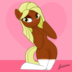 Size: 1500x1500 | Tagged: safe, alternate version, artist:archooves, derpibooru exclusive, imported from derpibooru, oc, oc only, oc:xocolatl, semi-anthro, adorasexy, anatomically incorrect, blushing, clothes, cute, incorrect leg anatomy, sexy, socks, solo