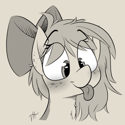 Size: 3000x3000 | Tagged: safe, artist:fakskis, imported from derpibooru, oc, oc only, pony, :p, blushing, bow, bust, chest fluff, ear freckles, eye clipping through hair, female, freckles, mlem, monochrome, silly, tongue out