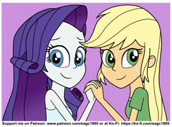 Size: 2293x1693 | Tagged: safe, artist:eagc7, imported from derpibooru, applejack, rarity, equestria girls, clothes, cute, duo, female, holding hands, jackabetes, ko-fi, lesbian, patreon, raribetes, rarijack, shipping, simple background, sleeveless, tanktop