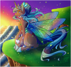 Size: 1230x1169 | Tagged: safe, artist:pastel-pony-pictures, imported from derpibooru, oc, oc only, oc:queen polistae, changeling queen, pony, changeling queen oc, cliff, female, lidded eyes, quadrupedal, sitting, smiling, solo, sunset