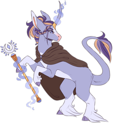 Size: 2954x3217 | Tagged: safe, artist:sleepy-nova, imported from derpibooru, oc, oc only, classical unicorn, pony, unicorn, cloak, clothes, cloven hooves, curved horn, female, glowing horn, horn, horn ring, leonine tail, magic, mare, offspring, parent:rockhoof, parent:twilight sparkle, rearing, scepter, simple background, solo, telekinesis, transparent background, unshorn fetlocks