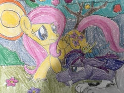 Size: 4032x3024 | Tagged: safe, artist:estories, artist:wolfspiritclan, imported from derpibooru, fluttershy, oc, oc:alice goldenfeather, draconequus, pegasus, pony, traditional art