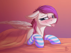 Size: 2000x1500 | Tagged: safe, artist:becausewhynot, imported from derpibooru, oc, oc only, oc:astral heart, pegasus, pony, :p, blushing, clothes, female, floppy ears, glasses, mare, signature, socks, solo, striped socks, tongue out, ych result