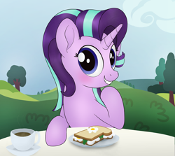 Size: 1000x890 | Tagged: safe, artist:noosa, derpibooru exclusive, imported from derpibooru, starlight glimmer, pony, unicorn, blushing, bush, cafe, cute, date, female, food, glimmerbetes, looking at you, mare, raised hoof, sandwich, sitting, smiling, solo, table, tea, tree