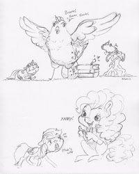 Size: 2373x2963 | Tagged: safe, artist:dilarus, deleted from derpibooru, imported from derpibooru, pinkie pie, rainbow dash, twilight sparkle, anthro, bird, chicken, earth pony, pegasus, pony, unicorn, comic:the many faces of twilight sparkle, anthro with ponies, book, bookhorse, dialogue, female, lineart, mare, monochrome, simple background, smoldash, species swap, traditional art, unicorn twilight, white background