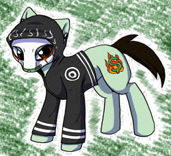 Size: 761x694 | Tagged: safe, artist:akie-tara, imported from derpibooru, oc, oc only, earth pony, pony, clothes, hollywood undead, hoodie, j-dog, looking at you, male, mask, ponified, raised hoof, rapper, solo, stallion