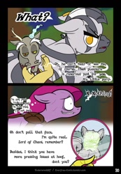 Size: 744x1074 | Tagged: safe, artist:underwoodart, imported from derpibooru, discord, pinkamena diane pie, pinkie pie, oc, oc:z'ian, cave troll, draconequus, pony, zebra, ask pink-pony, alternate timeline, comic, mirror, zebra oc