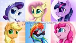 Size: 1280x720 | Tagged: safe, artist:gleamydreams, imported from derpibooru, applejack, fluttershy, pinkie pie, rainbow dash, rarity, twilight sparkle, earth pony, pegasus, pony, unicorn, absurd resolution, blushing, looking at you, mane six, obtrusive watermark, smiling, sunglasses, wallpaper, watermark