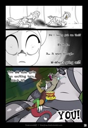 Size: 744x1074 | Tagged: safe, artist:underwoodart, imported from derpibooru, discord, pinkamena diane pie, pinkie pie, oc, oc:z'ian, draconequus, earth pony, pony, zebra, ask pink-pony, alternate universe, black and white, comic, female, grayscale, mare, monochrome, neo noir, partial color, updated, zebra oc