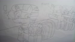 Size: 5312x2992 | Tagged: safe, artist:徐詩珮, imported from derpibooru, fizzlepop berrytwist, glitter drops, spring rain, tempest shadow, pony, unicorn, armor, broken horn, female, glittershadow, horn, lesbian, lineart, mare, polyamory, shipping, springdrops, springshadow, springshadowdrops, traditional art